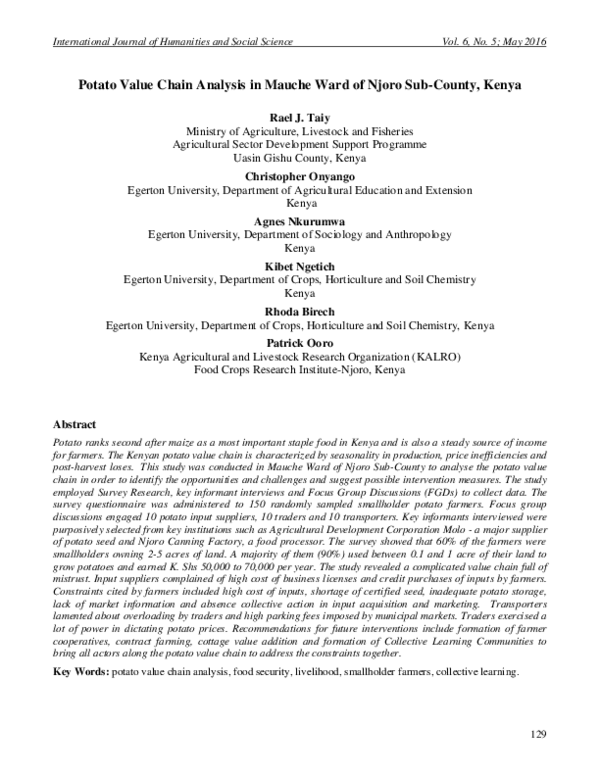 (PDF) Potato Value Chain Analysis in Mauche Ward of Njoro Sub-County, Kenya
