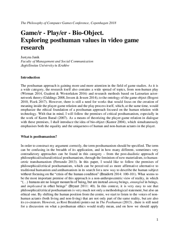 (PDF) Game / r-Play / er-Bio-Object . Exploring posthuman values in ...