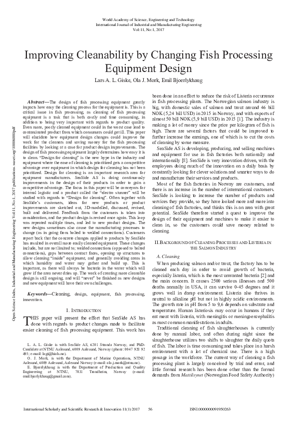(PDF) Improving Cleanability by Changing Fish Processing Equipment Design Ola Jon Mork