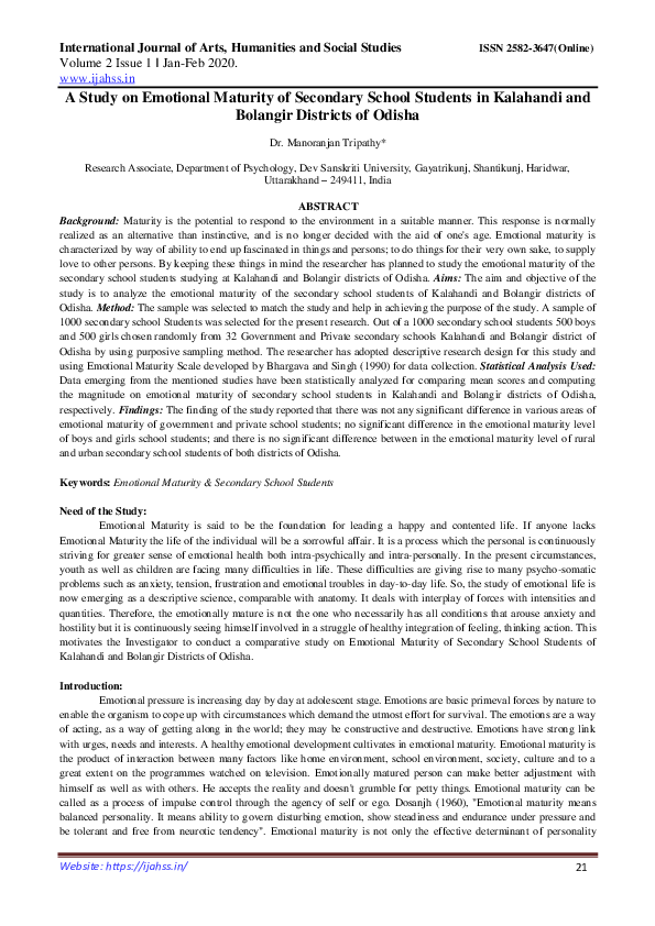 (PDF) A Study on Emotional Maturity of Secondary School Students in ...
