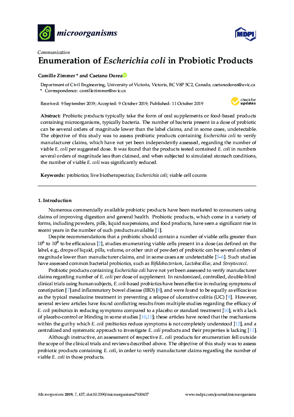 (PDF) Enumeration of Escherichia coli in Probiotic Products