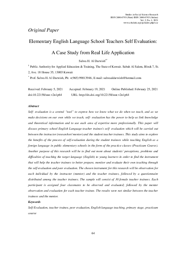 (PDF) Elementary English Language School Teachers Self Evaluation: A ...