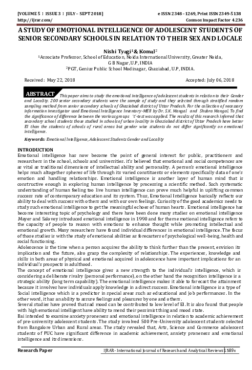 (PDF) A Study of Emotional Intelligence of Adolescent Students of ...