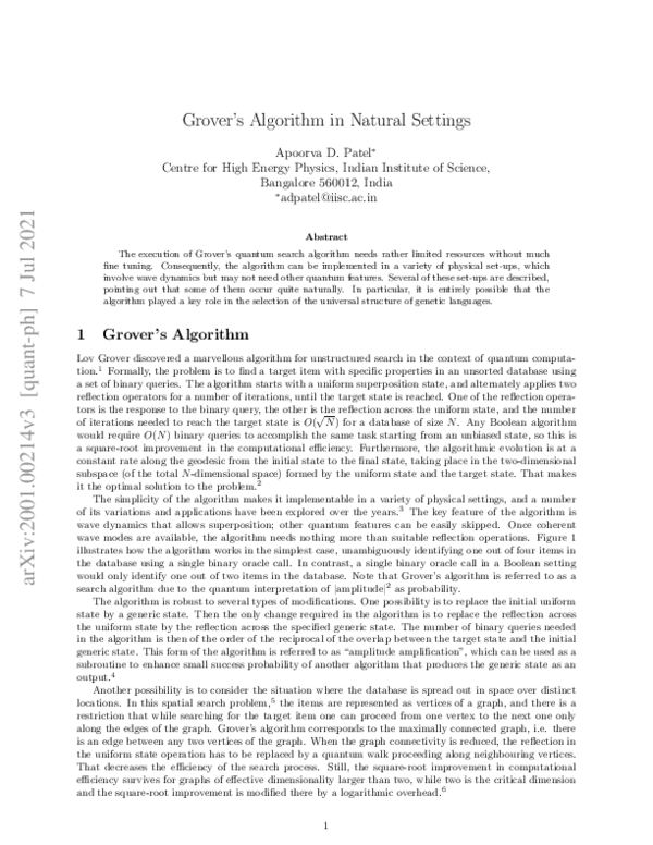 (PDF) Grover's algorithm in natural settings