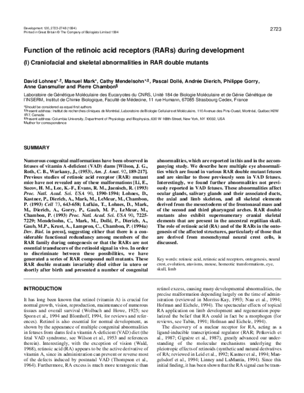 (PDF) Function of the retinoic acid receptors (RARs) during development ...