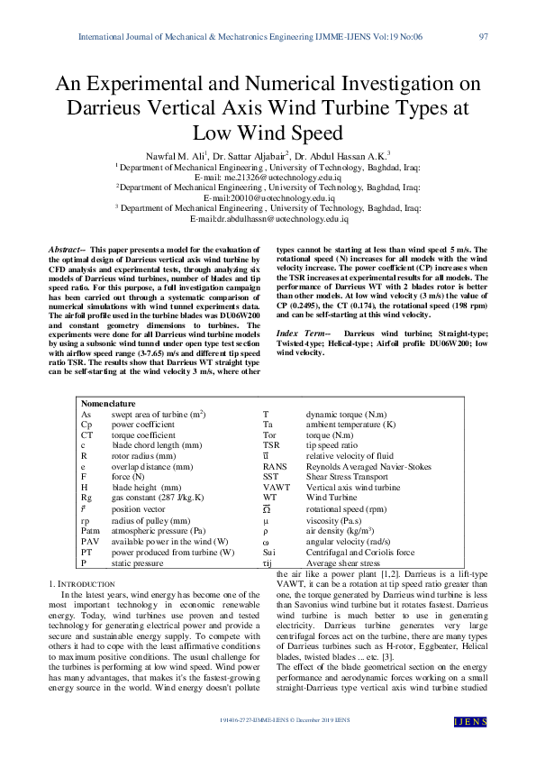 (PDF) An Experimental and Numerical Investigation on Darrieus Vertical ...