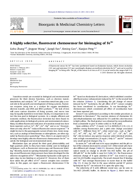 (PDF) A highly selective, fluorescent chemosensor for bioimaging of Fe3+