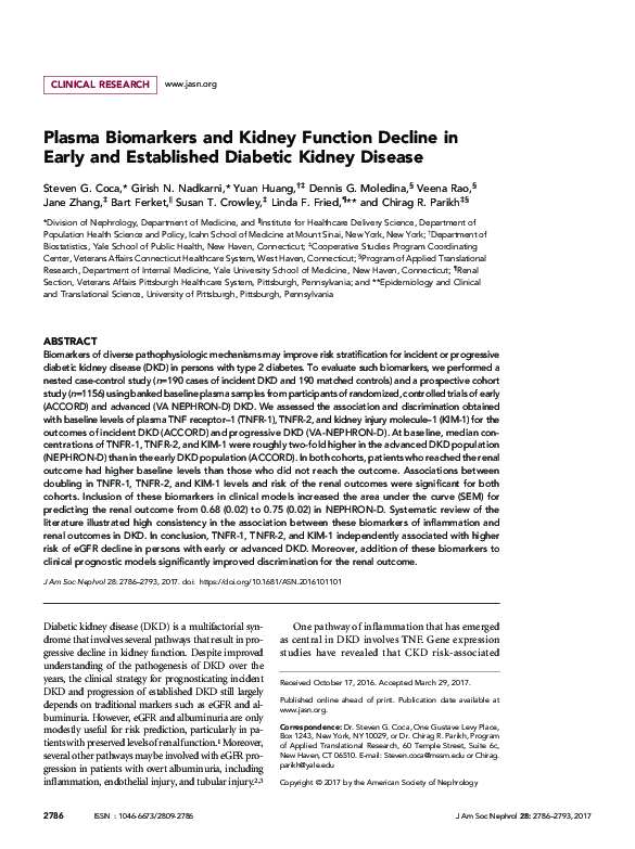 (PDF) Plasma Biomarkers and Kidney Function Decline in Early and ...