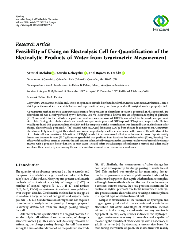 (PDF) Feasibility of Using an Electrolysis Cell for Quantification of ...