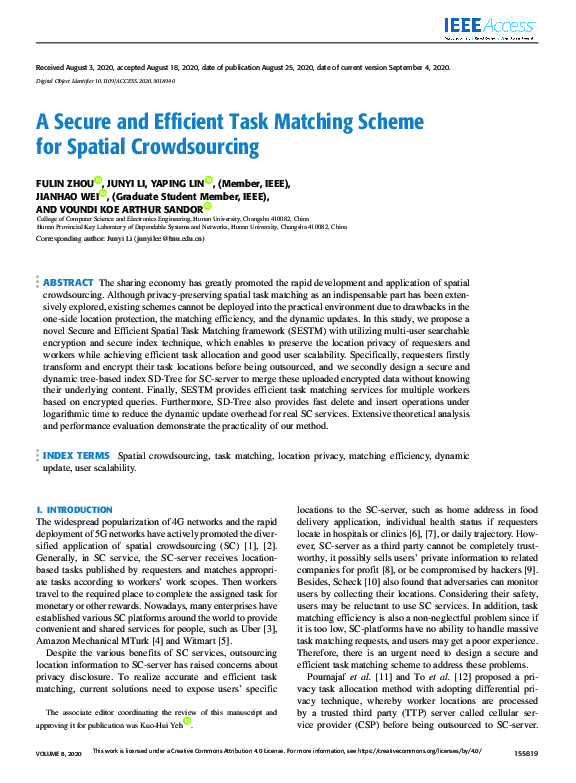 (PDF) A Secure and Efficient Task Matching Scheme for Spatial Crowdsourcing