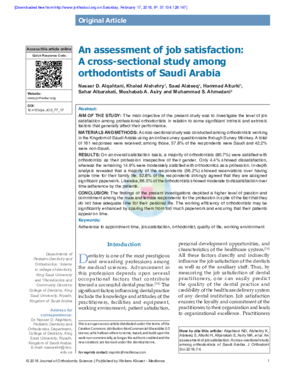 (PDF) An assessment of job satisfaction A crosssectional study among