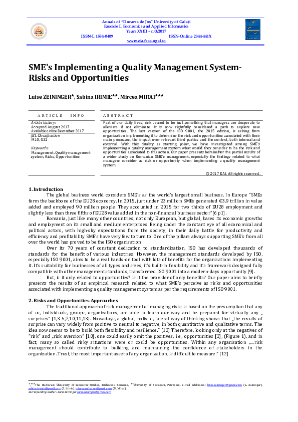 (PDF) SME's Implementing a Quality Management System- Risks and ...
