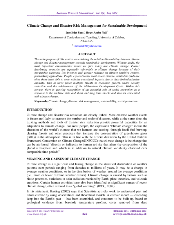 (PDF) Climate Change and Disaster Risk Management for Sustainable ...