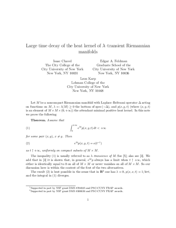 (PDF) Large time decay of the heat kernel of λ – transient Riemannian ...