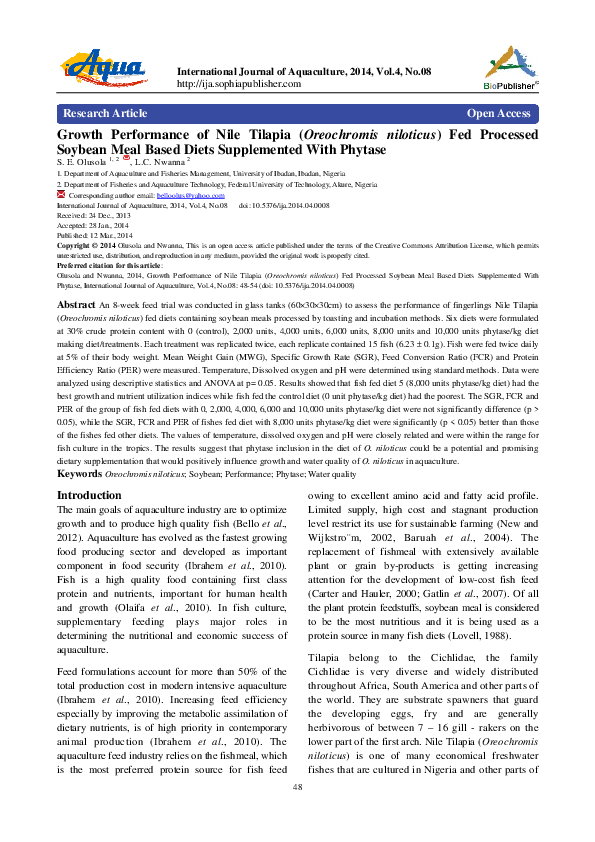 (PDF) Growth Performance of Nile Tilapia ( Oreochromis niloticus ) Fed ...