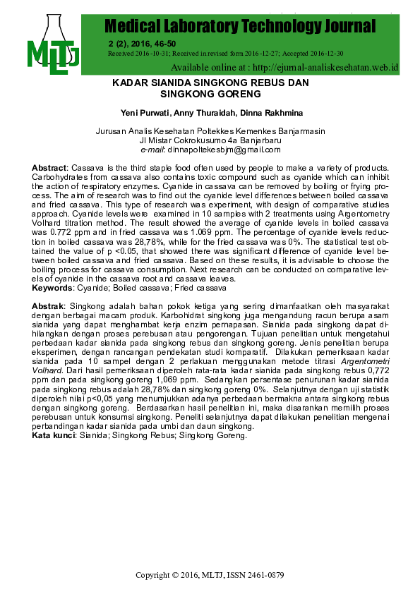 (PDF) Medical Laboratory Technology Journal KADAR SIANIDA SINGKONG