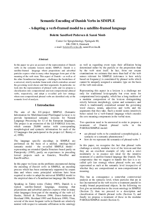 (PDF) Semantic Encoding of Danish Verbs in SIMPLE Adapting a Verb