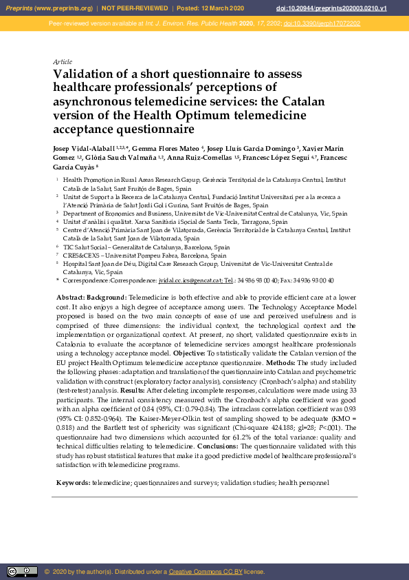 (PDF) Validation of a Short Questionnaire to Assess Perceptions of ...