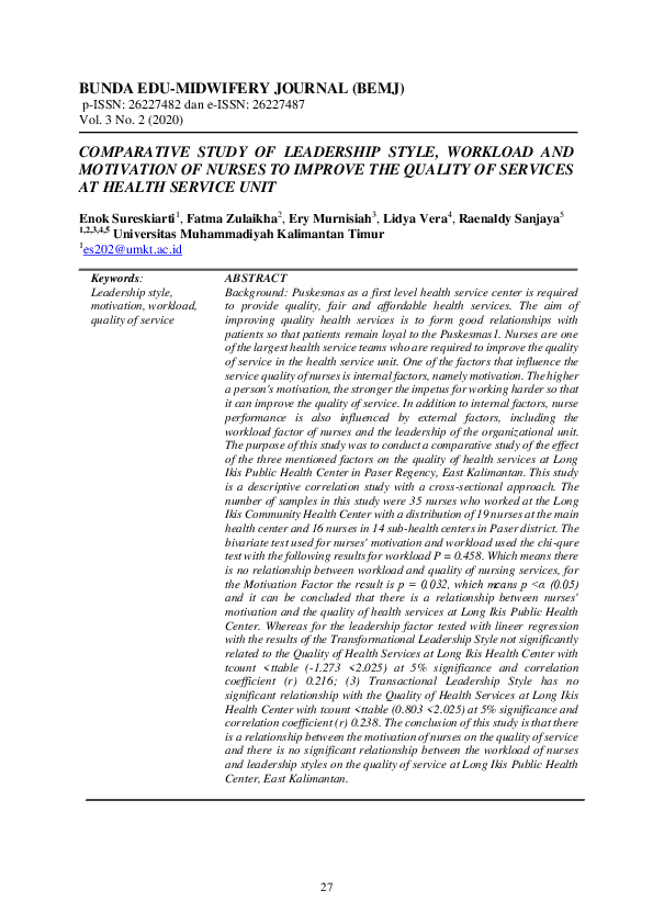 (PDF) Comparative Study of Leadership Style, Workload and Motivation of ...
