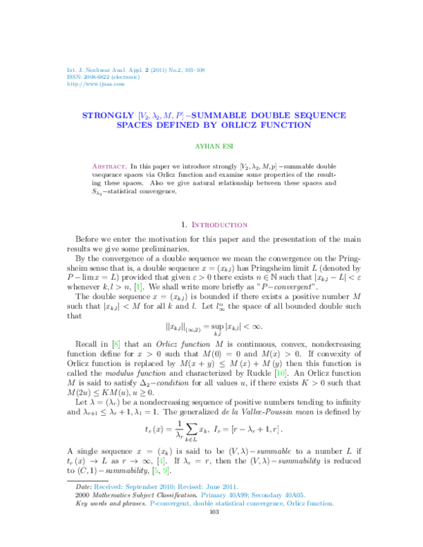 (PDF) Strongly (V2; 2;M;P ) Summable Double Sequence Spaces Defined by ...