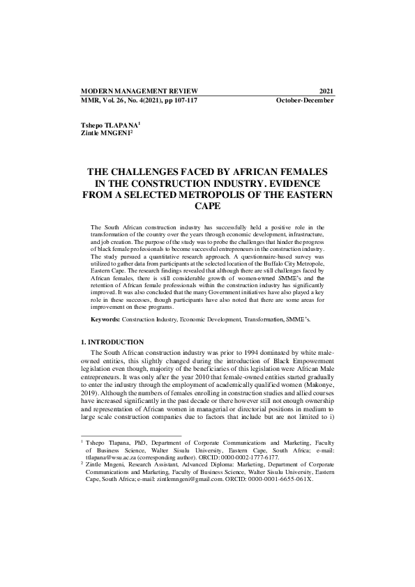 (PDF) The Challenges Faced by African Females in the Construction ...