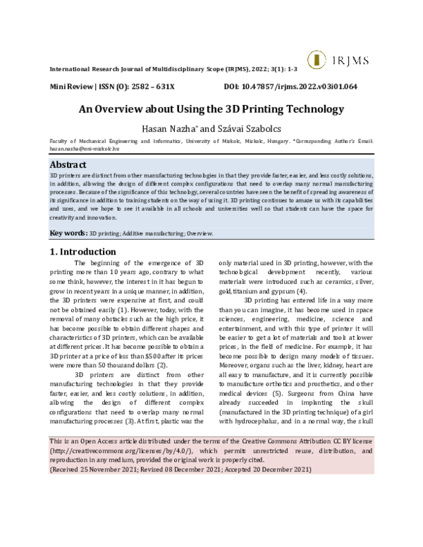 (PDF) An Overview about Using the 3D Printing Technology