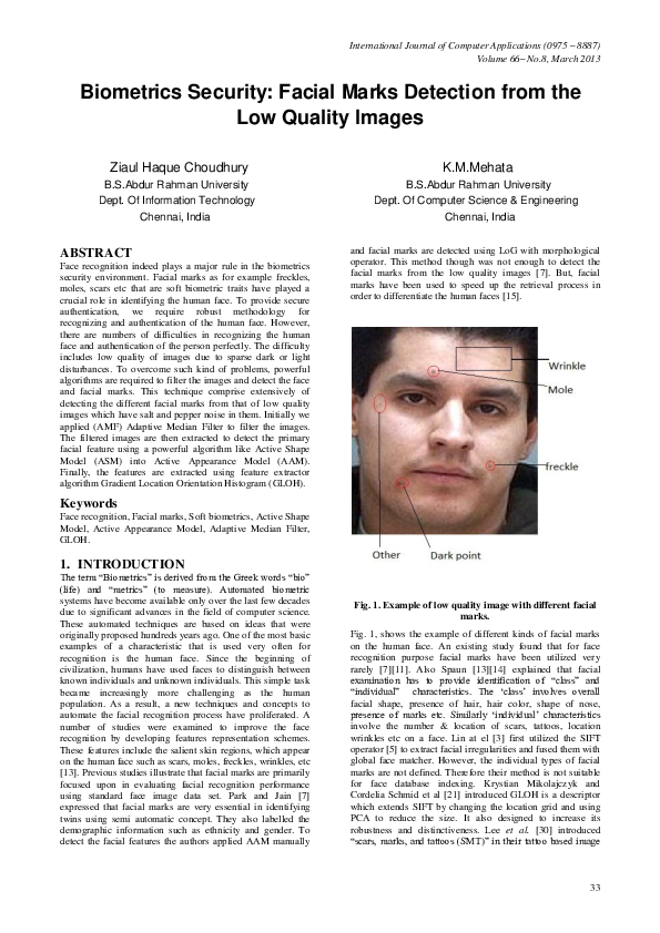 (PDF) Biometrics Security: Facial Marks Detection from the Low Quality ...