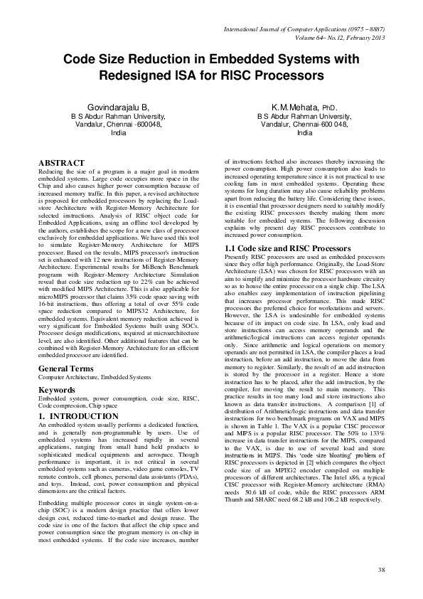 (PDF) Code Size Reduction in Embedded Systems with Redesigned ISA for ...