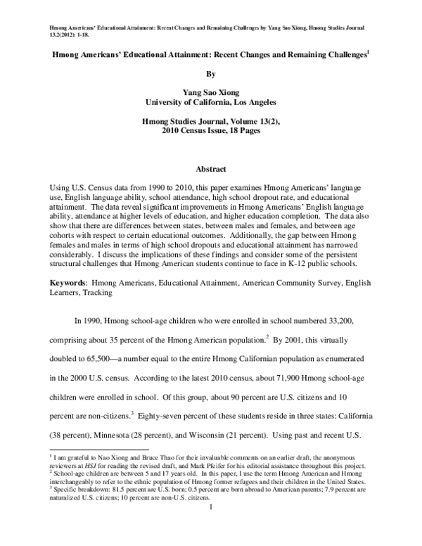 (PDF) Hmong Americans' Educational Attainment: Recent Changes and ...