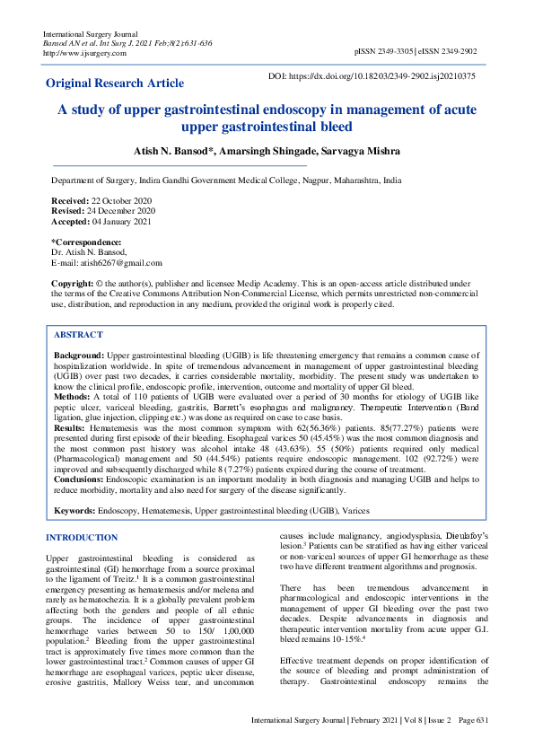 (PDF) A study of upper gastrointestinal endoscopy in management of ...
