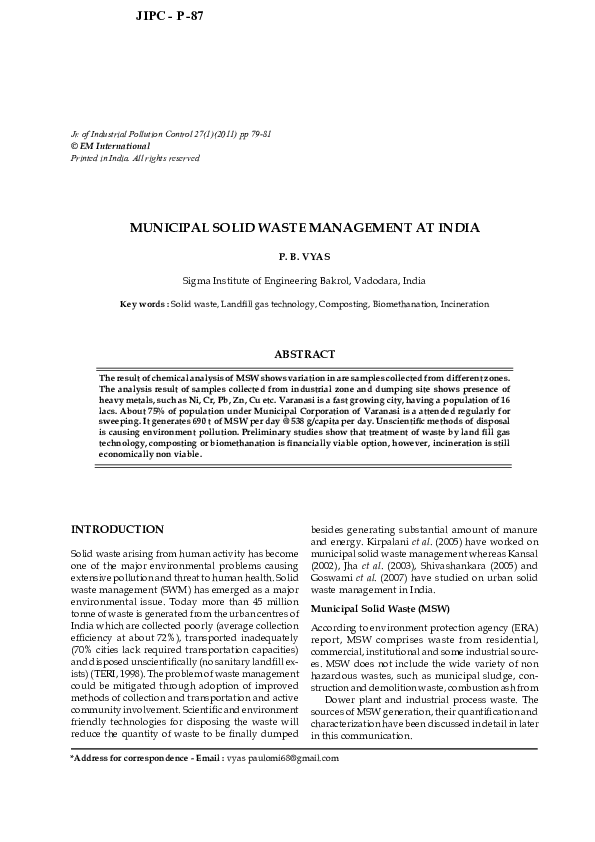 (PDF) Municipal Solid Waste Management in India