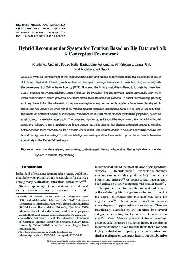 (PDF) Hybrid recommender system for tourism based on big data and AI: A ...