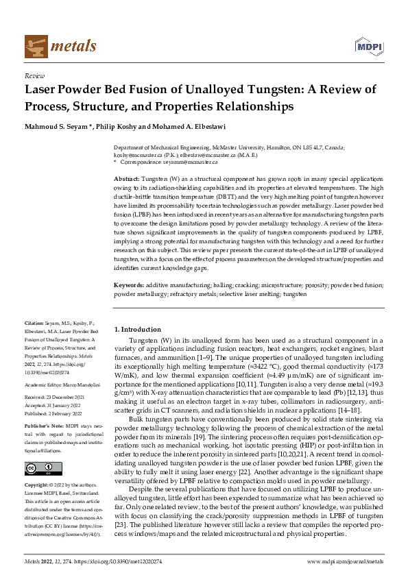 (PDF) Laser Powder Bed Fusion of Unalloyed Tungsten: A Review of ...