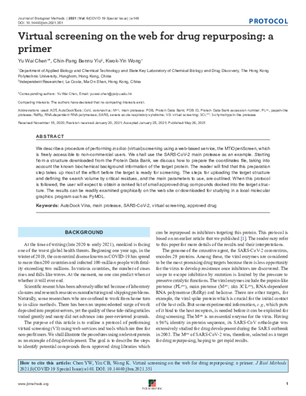 (PDF) Virtual screening on the web for drug repurposing: a primer