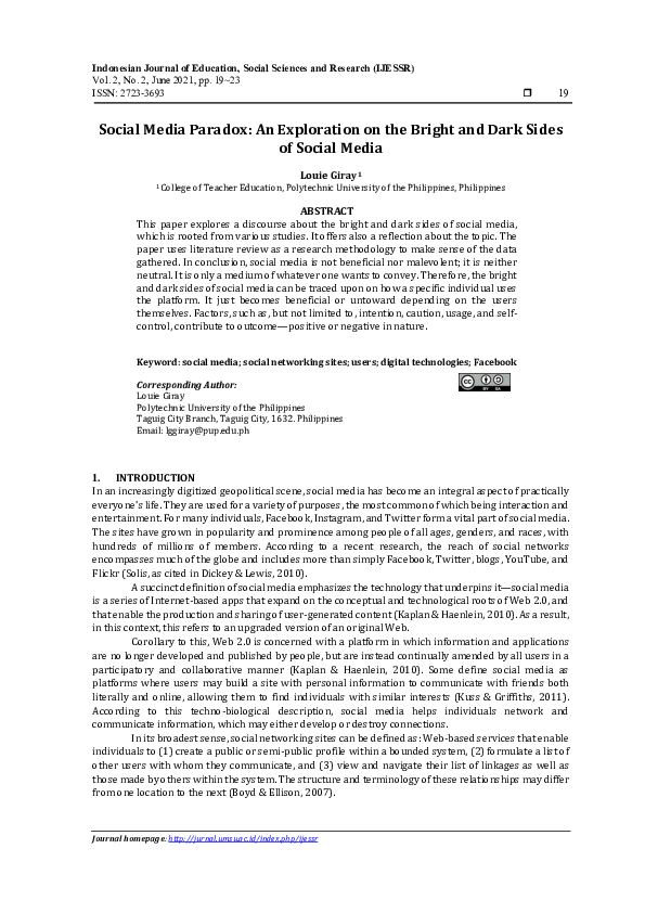 (PDF) Social Media Paradox: An Exploration on the Bright and Dark Sides ...