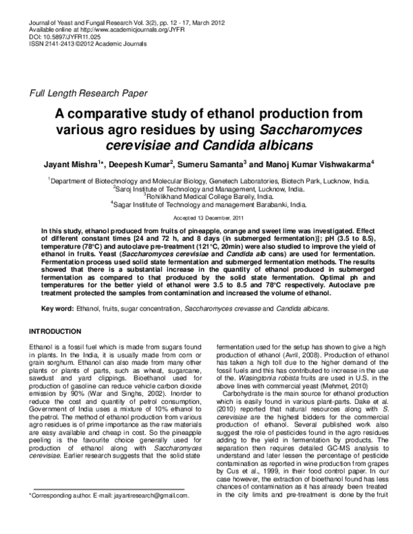 (PDF) A comparative study of ethanol production from various agro ...