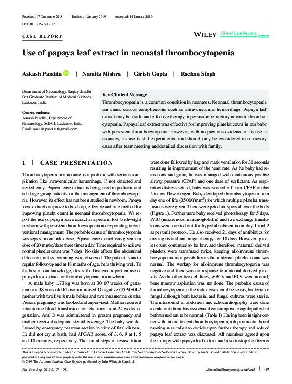 (PDF) Use of papaya leaf extract in neonatal thrombocytopenia aakash