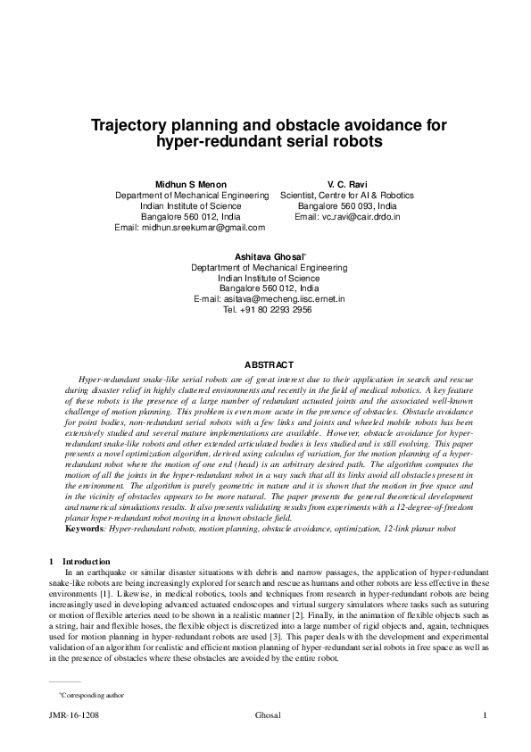 (PDF) Trajectory Planning and Obstacle Avoidance for Hyper-Redundant ...