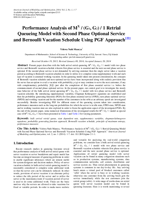 (PDF) Queueing Model with Second Phase Optional Service and Bernoulli ...