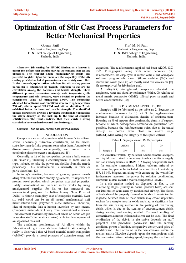 (PDF) Optimization of Stir Cast Process Parameters for Better ...