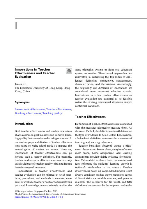 (PDF) Innovations in Teacher Effectiveness and Teacher Evaluation
