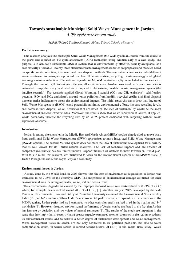 (PDF) Towards sustainable Municipal Solid Waste Management in Jordan A ...