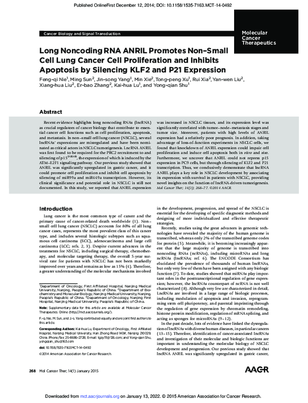 (PDF) Long noncoding RNA ANRIL promotes non-small cell lung cancer cell ...