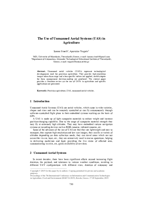 (PDF) The Use of Unmanned Aerial Systems (UAS) in Agriculture