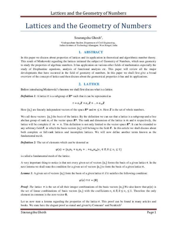 (PDF) Lattices and the Geometry of Numbers