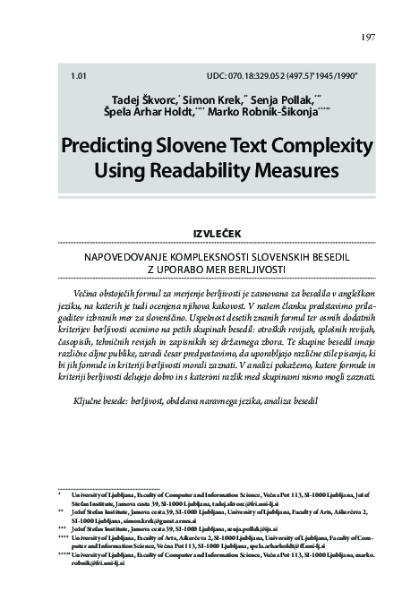 (PDF) Predicting Slovene Text Complexity Using Readability Measures