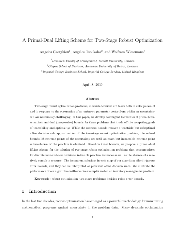 (PDF) A Primal–Dual Lifting Scheme for Two-Stage Robust Optimization