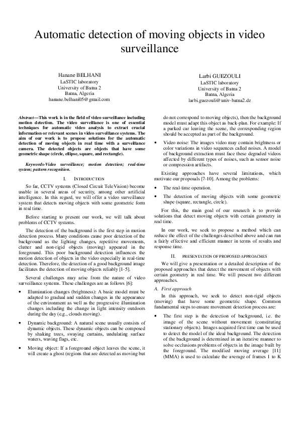 (PDF) Automatic Detection of Moving Objects in Video Surveillance