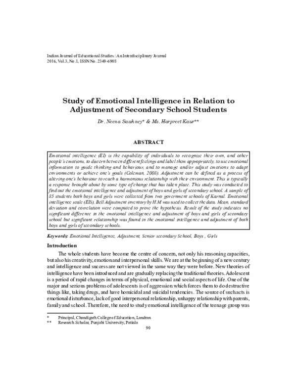(PDF) Study of Emotional Intelligence in Relation to Adjustment of ...