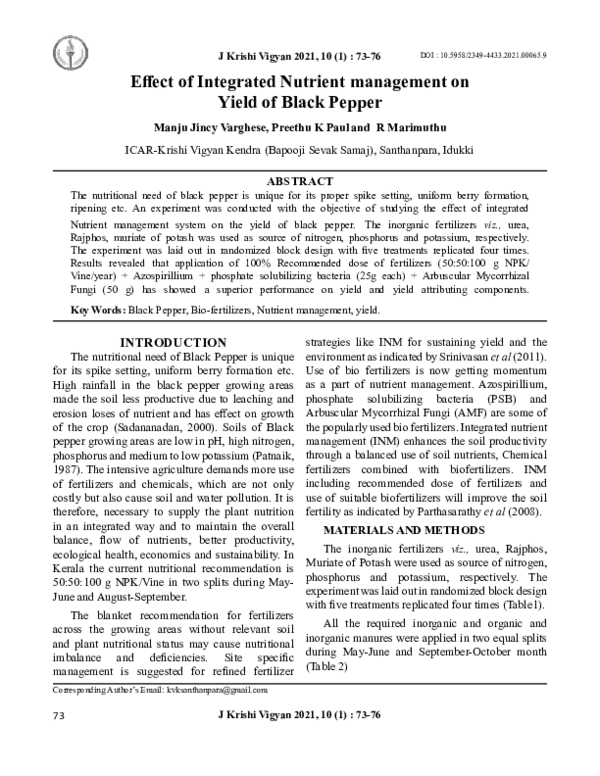 (PDF) Effect of Integrated Nutrient management on Yield of Black Pepper